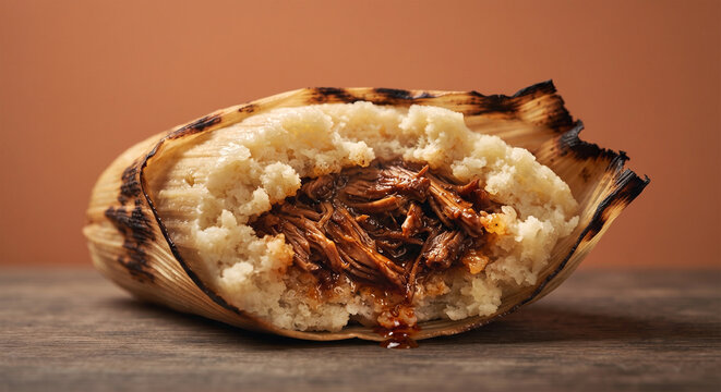A clean, studio-lit commercial photograph of a single unwrapped pork tamale isolated against a solid warm-earth background, emphasizing the rustic texture of the corn dough and charred husk accents.
