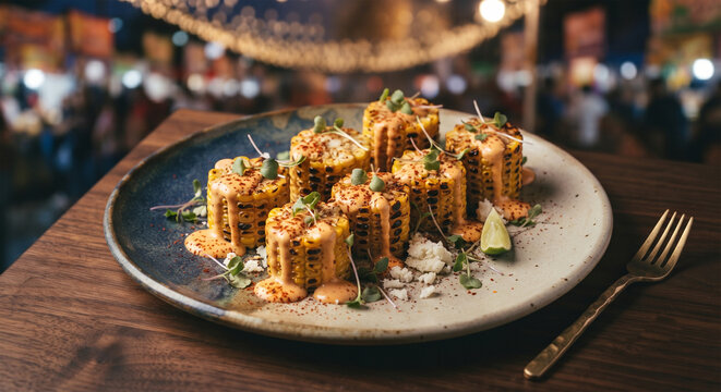 A modern culinary styling photograph of elote cut into bite-sized wheels, served upright on a handmade ceramic plate, artistically drizzled with chipotle mayo and dusted with smoked paprika