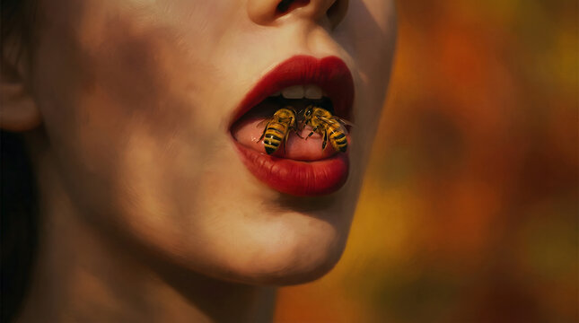 Surreal Close-up of Woman's Lips with Two Bees on Tongue, Bold Red Lipstick, Autumn Foliage Background, Intriguing Nature Concept, Symbolizing Sweetness, Danger, and Transformation