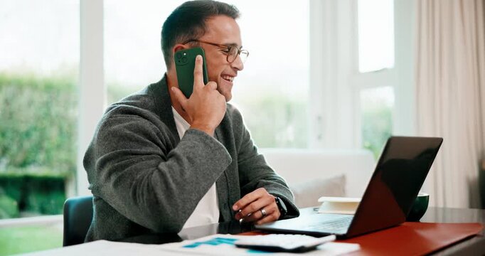 Freelancer, phone call and man with laptop in home office, talking and financial report with graphs. Data analyst, discussion and happy person with mobile, remote work and project update with flare