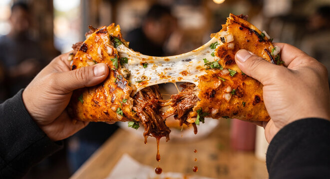 A dynamic, close-up photograph of a golden, crispy birria taco being pulled apart, showing a long, stretchy thread of melted quesillo cheese and tender, slow-cooked beef 