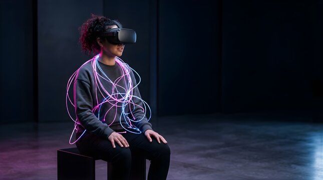 Woman using virtual reality headset with glowing neon fiber optic cables