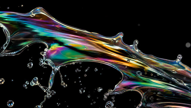 Iridescent liquid splash on black background, colorful soap bubble film texture, abstract water droplets with rainbow refraction