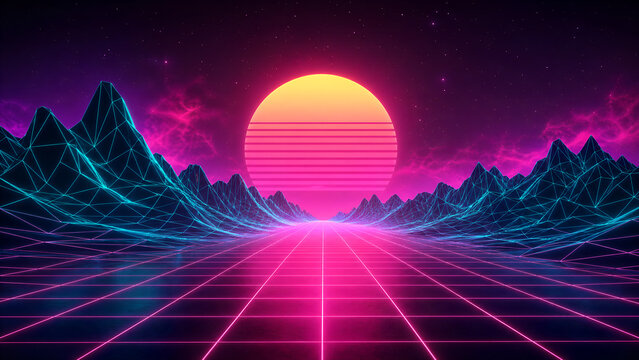 Retro synthwave landscape with neon sun, futuristic 80s wireframe mountains, glowing purple grid road and vaporwave aesthetic background