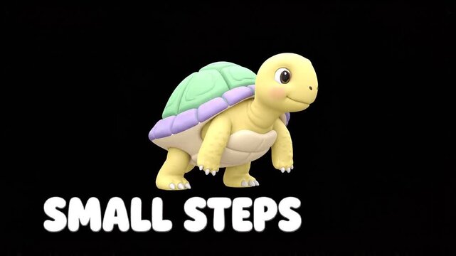 Cute baby turtle walking on black background with text