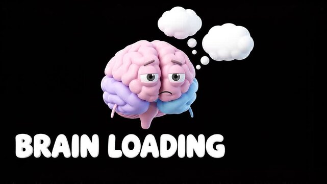 Cute cartoon brain loading with confused expression and thought bubble