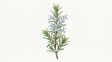 Fototapeta premium Watercolor Rosemary Sprig Botanical Illustration Featuring Fragrant Green Herb Leaves and Delicate Blue Flowers Isolated on Clean White Background