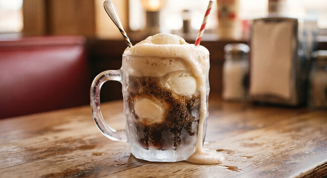 A nostalgic, close-up photograph of a classic Root Beer Float served in a heavy, frosted glass mug, featuring two large scoops of vanilla bean ice cream submerged in dark, fizzy root beer with a thick