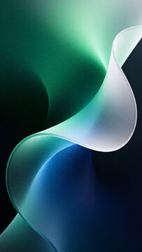 Abstract green blue white blurred frosted glass wavy aura ribbon background with grainy holographic texture vertical composition perfect for mobile wallpapers.