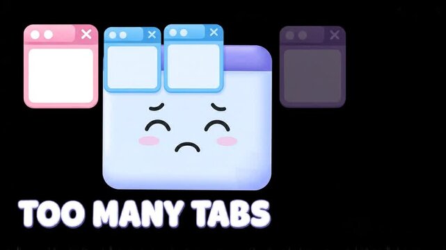 Cute browser window mascot overwhelmed with too many tabs open