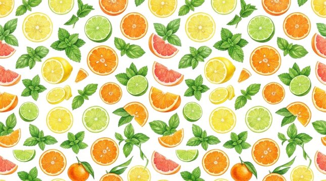Watercolor Seamless Pattern Background with Fresh Tropical Citrus Fruit Slices and Aromatic Green Mint Leaves Organic Healthy Food Print Illustration