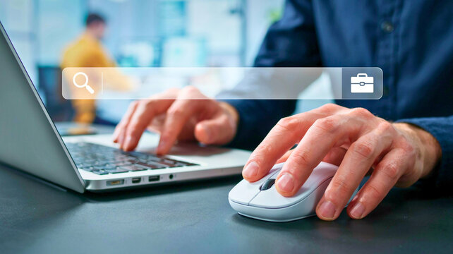 Man using laptop and mouse to search for employment and job opportunities online