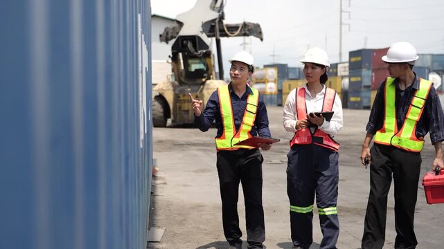 Logistics professional patrols container yard while reviewing cargo condition. Shipping management, freight movement and industrial safety practices.