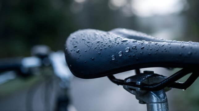 Close-up of a wet bicycle saddle with raindrops outdoors in rainy weather