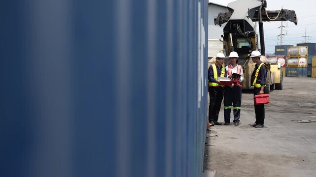 Warehouse worker monitors container storage using standard inspection procedure. Cargo handling, transportation management and global supply chain operations.