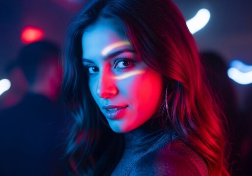 Neon Muse, bathed in crimson and sapphire light, a siren's gaze amidst the urban glow.