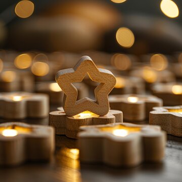 Star shaped candles. Festive wooden star decorations.