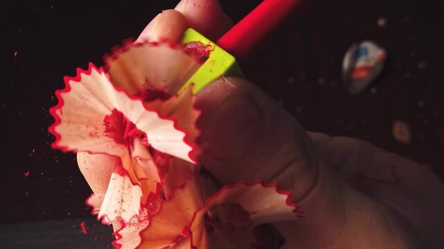 Close-up motion of hand sharpening red pencil with green sharpener, producing wood shavings against dark background.