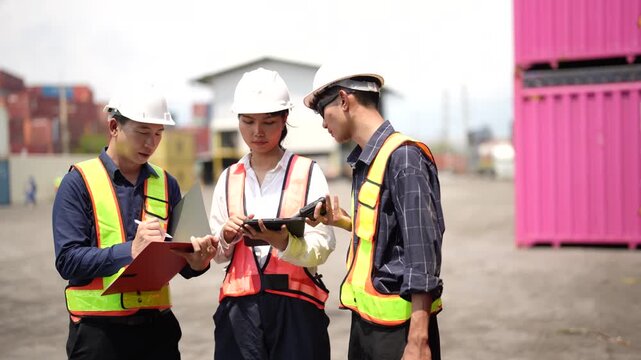 Industrial logistics employee inspects container area during daily operations. Freight transportation, inventory management and port infrastructure.