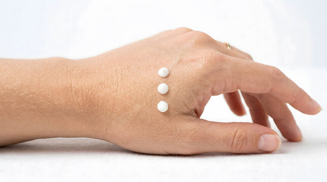 Three small white pills arranged vertically on the back of a human hand, symbolizing medical treatment, health care, and pharmaceutical solutions, isolated on a clean white background for