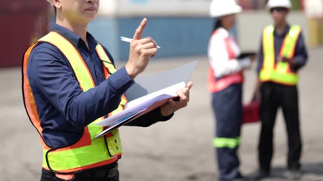 Container yard supervisor gives operational guidance during cargo inspection with clipboard in hand. Logistics teamwork, warehouse management, freight operations and global trade.