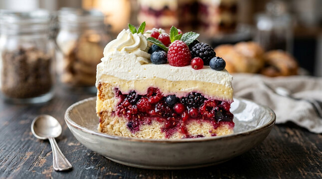Delicious Berry Cake Slice with Cream and Fresh Berries on Plate
