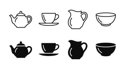 Fototapeta premium Set of kitchenware and beverage icons in outline and solid styles with kitchenware beverage tableware container
