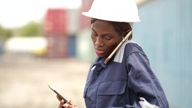 Container busy calling in shipping containers yard while take note cargo information on tablet. Logistics inspection, inventory management, freight operations, global trade and transportation