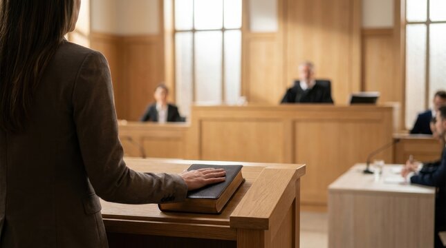 Woman Witness Testifying Under Oath In Court Room Placing Her Hand On The Holy Bible While Judge Presides Over Legal Trial Proceedings For Justice
