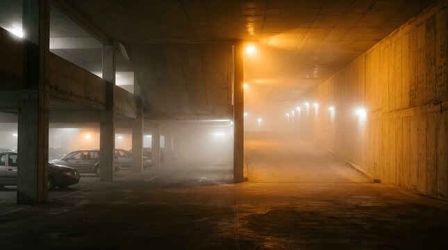 Foggy parking garage interior with orange and white electric lighting