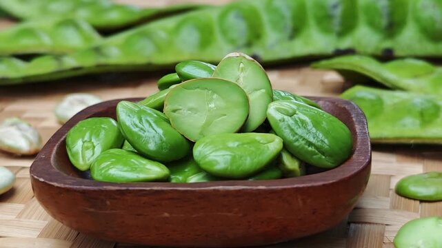 Peeled Stink Beans in Wooden Bowl 