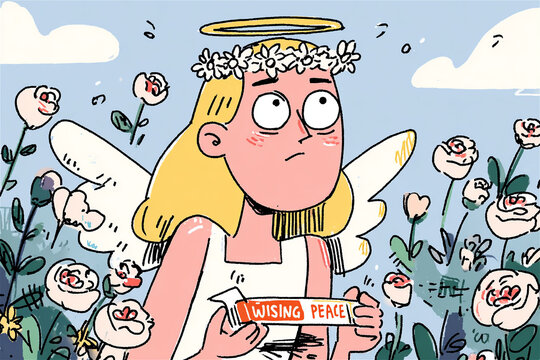 Cute blonde angel girl with wings halo floral crown holding peace banner in rose flower garden comic book illustration style