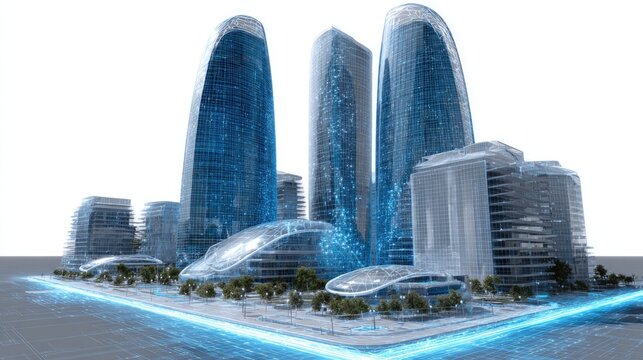 Modern Cityscape: A cluster of futuristic skyscrapers and innovative architectural designs, glowing with blue light, representing a modern metropolis and technological advancement.