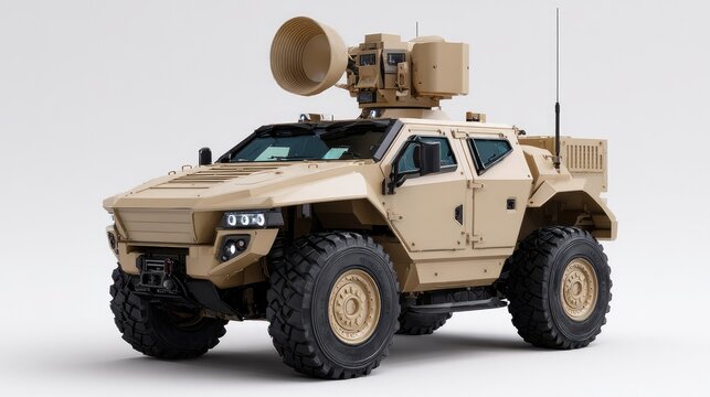 Armored Reconnaissance Vehicle: A rugged, tan-colored armored reconnaissance vehicle with advanced sensor equipment and robust tires is poised for action.