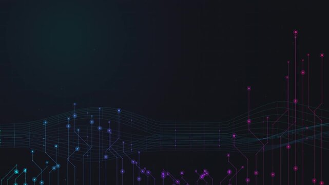 Digital futuristic circuit board with glowing nodes on dark background