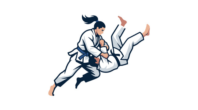 Martial arts athletes practicing judo throw technique in white kimono gi vector illustration