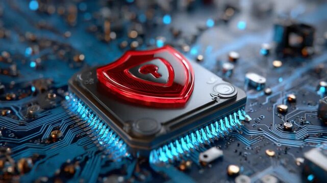 Digital Shield: A striking visual representation of digital security, featuring a prominent red shield icon embedded within a microchip, symbolizing robust data protection and cybersecurity.