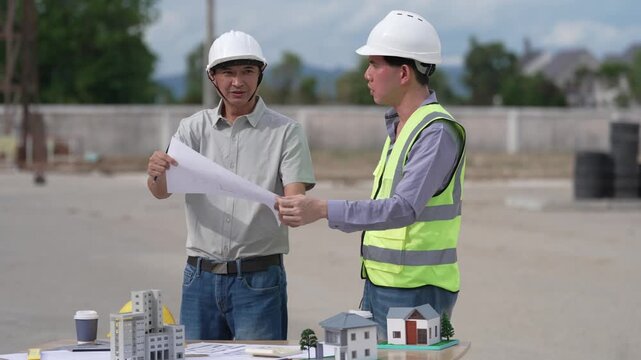Architect and Civil Engineer Discussing Building Plans with Architectural Models and Blueprint on Worktable