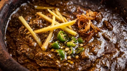 Rich dark nihari curry surface with ginger garnish in clay bowl macro close-up © Arif
