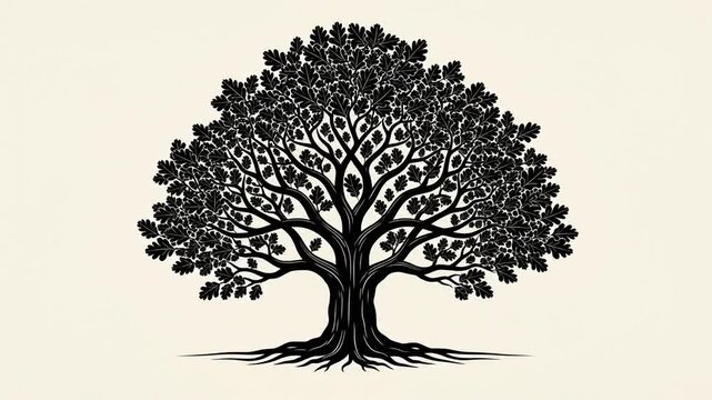 Stylized black oak tree silhouette with leaves and roots on cream background. Nature illustration representing life, family heritage, and growth.