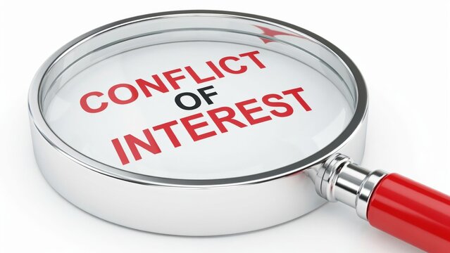 Magnifying glass focused on the words conflict of interest isolated on white background