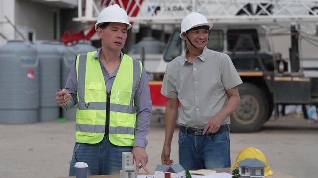 Architect and Civil Engineer Discussing Building Plans with Architectural Models and Blueprint on Worktable