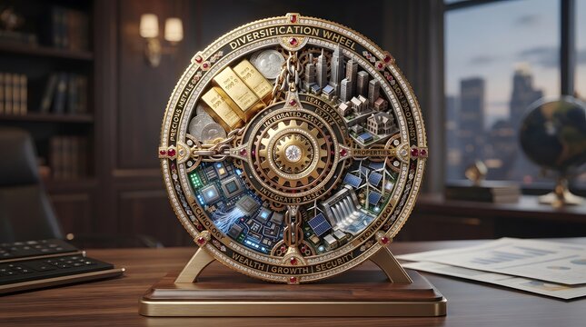 Ornate gold investment wheel for portfolio diversification