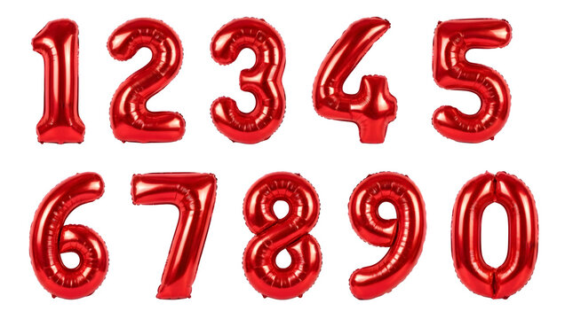 Set of red foil balloon numbers from zero to nine isolated on surface.