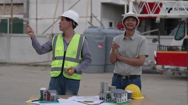 Architect and Civil Engineer Discussing Building Plans with Architectural Models and Blueprint on Worktable