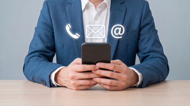 Businessman using smartphone with floating contact icons (phone, email, web). Ideal for customer support and corporate communication