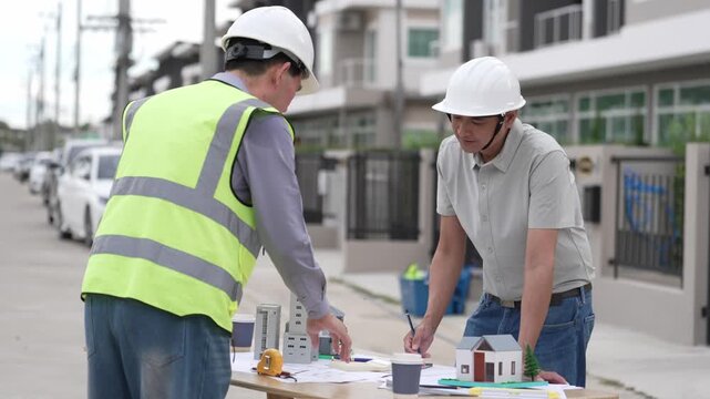 Architect and Civil Engineer Discussing Building Plans with Architectural Models and Blueprint on Worktable