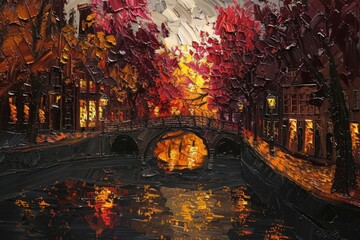 Obraz premium Impressionist night street reflection art fireplace outdoors.