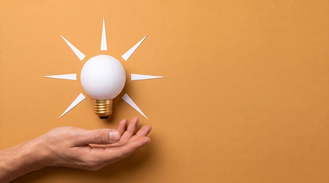 Concept of creativity and new ideas. Hand holding a white lightbulb with radiating paper rays with copy space