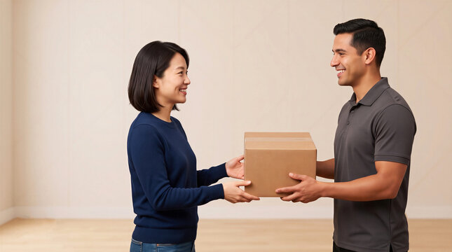 Smiling woman receiving a cardboard box from a delivery man
